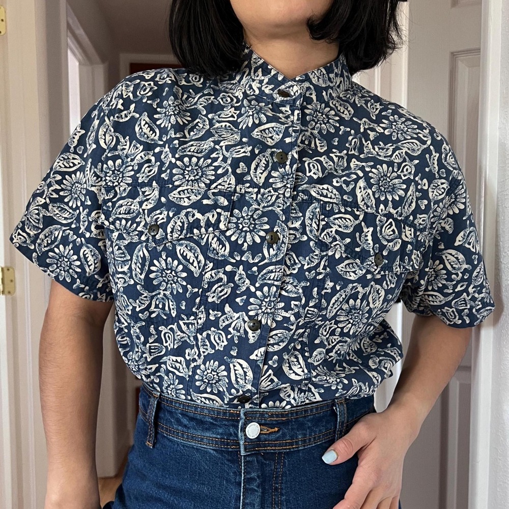 vintage 90s blue floral short sleeve‎ button down cotton shirt Petite small - Picture 10 of 12